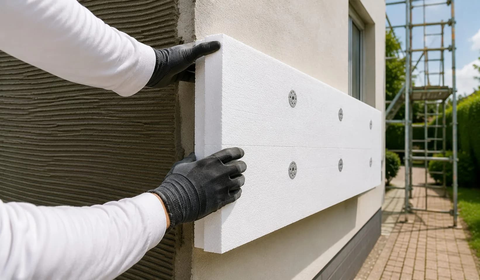 External wall insulation boards fixed to brick, ready for render finish