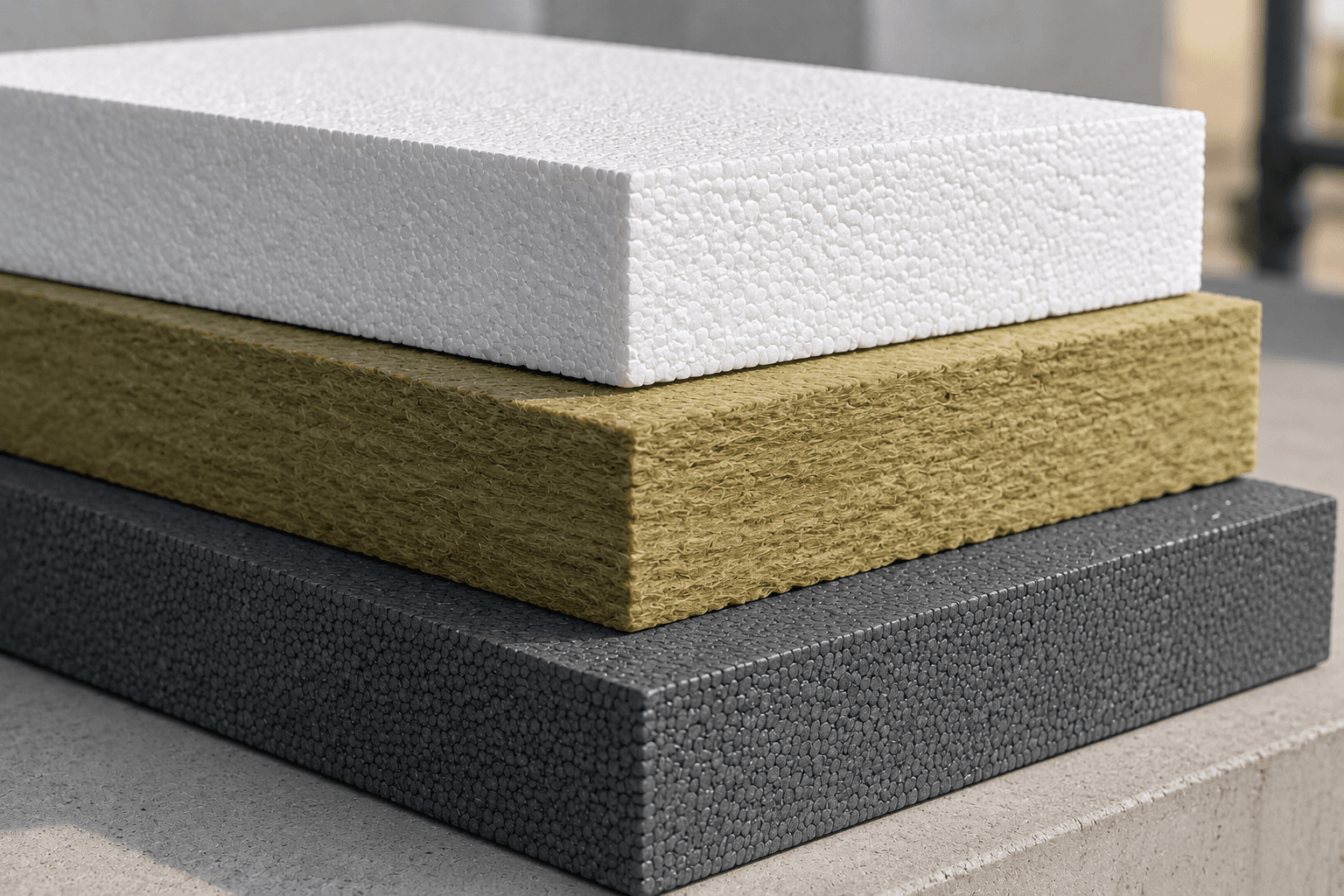 Three EWI insulation board types: white EPS, mineral wool, and graphite EPS