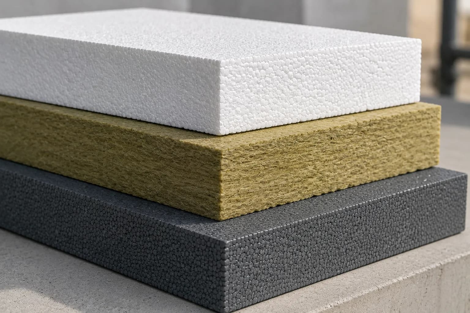 Three EWI insulation board types: white EPS, mineral wool, and graphite EPS