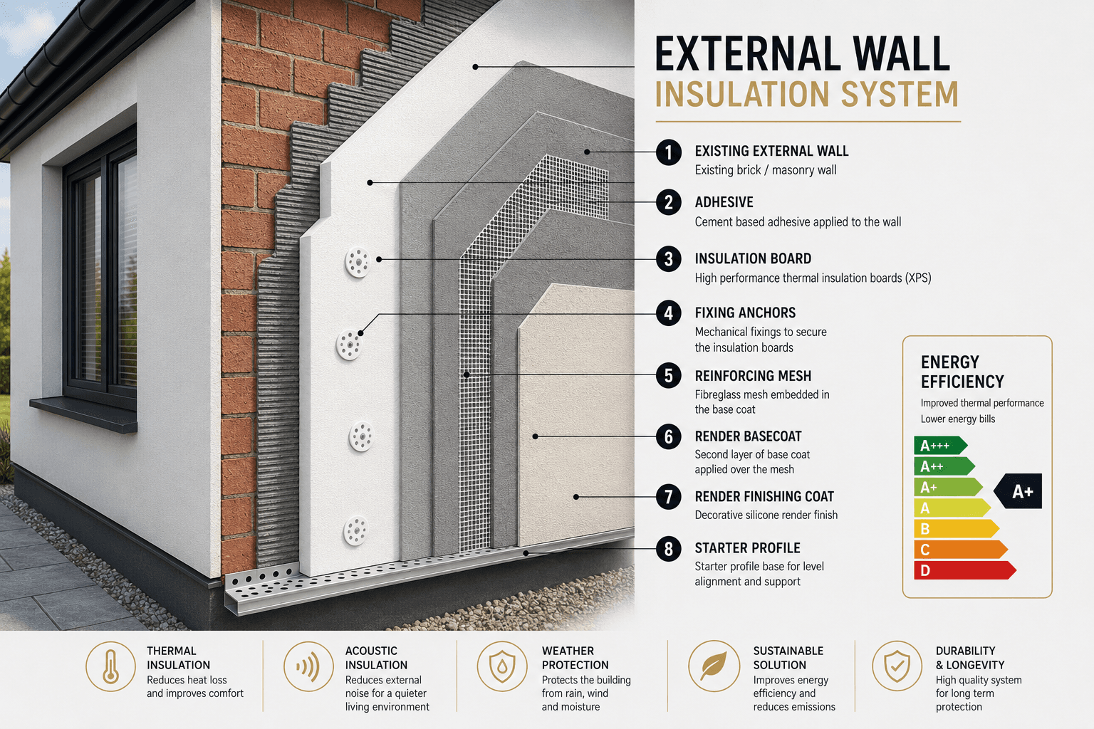 External Wall Insulation system diagram showing all seven layers